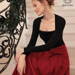 OGL ProWarm Angular Square Neck Side Ruched Brami Black Long Sleeve Blouse